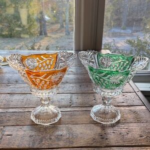 Set of 2 Elegant German Evita Crystal Compote Pedestal Bowls-